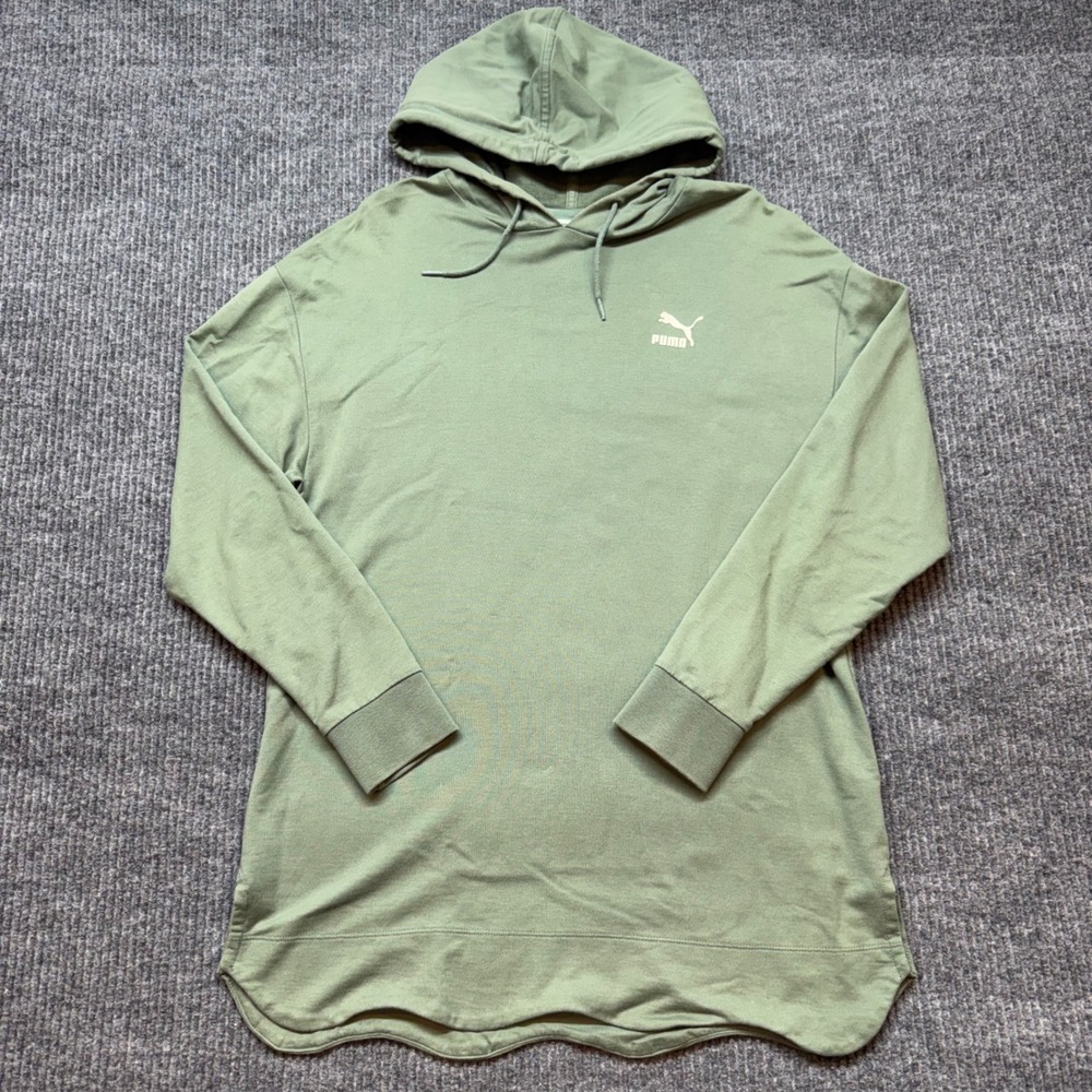 Puma Womens Small Sage Green Longline Hoodie Scalloped Hem Athleisure Sweatshirt